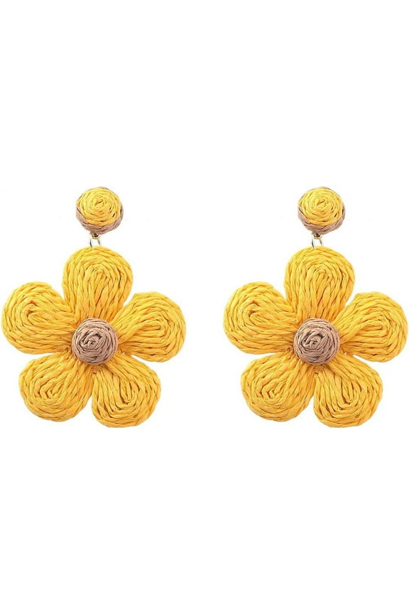 Bohemian Rattan Flower Drop Dangle Earring for Women Boho Colorful Raffia Straw Wicker Statement Earring Handmade Summer Tropical Beach Jewelry