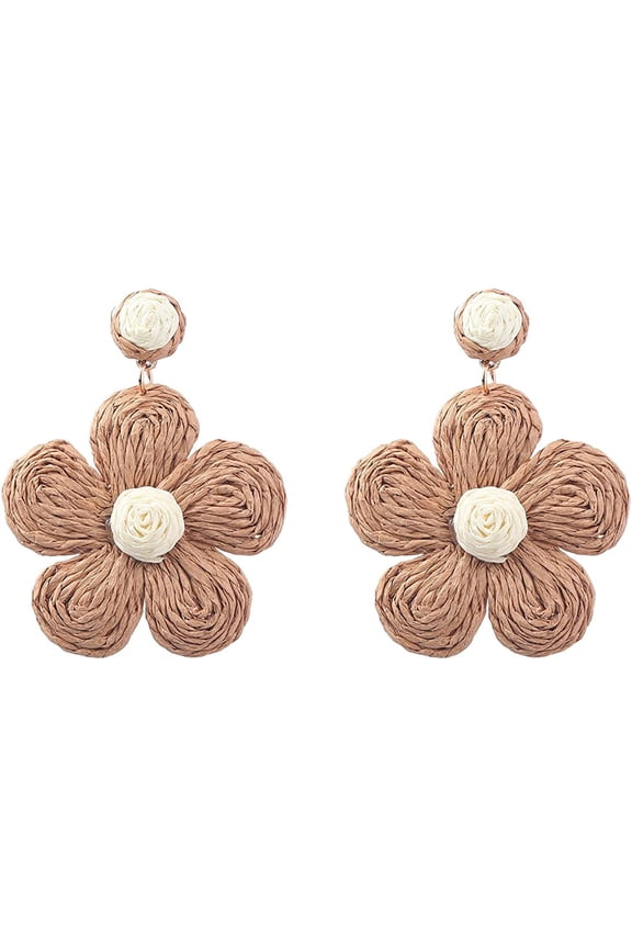 Bohemian Rattan Flower Drop Dangle Earring for Women Boho Colorful Raffia Straw Wicker Statement Earring Handmade Summer Tropical Beach Jewelry