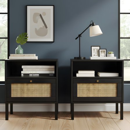 Bohemian Rattan Nightstand Set - 2-Piece Bedroom End Tables with Storage