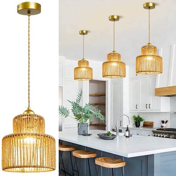 Bohemian Rattan Pendant Light, 2-Tier Handwoven Hemp Rope Hanging Light with Gold Ceiling Plate, Farmhouse Pendant Light Fixture for Kitchen Island, Bedroom, Living Room,