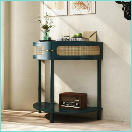 Bohemian Rattan Semi Circle Coffee Table - 2 Drawers & Bottom Shelf, Space-Saving Handcrafted for Living Room