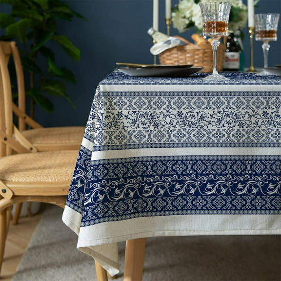 Bohemian Rectangle Tablecloth 60x84 Inch, Elegant Retro Dark Blue Farmhouse Tablecloth, Boho Style Design Waterproof Table Cloth for Picnic, Dining, Party, Indoor and Outdoor Decoration