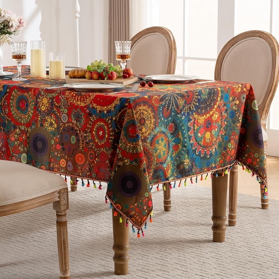 Bohemian Rectangle Tablecloth with Tassel, Waterproof Dust-Proof Dining ...