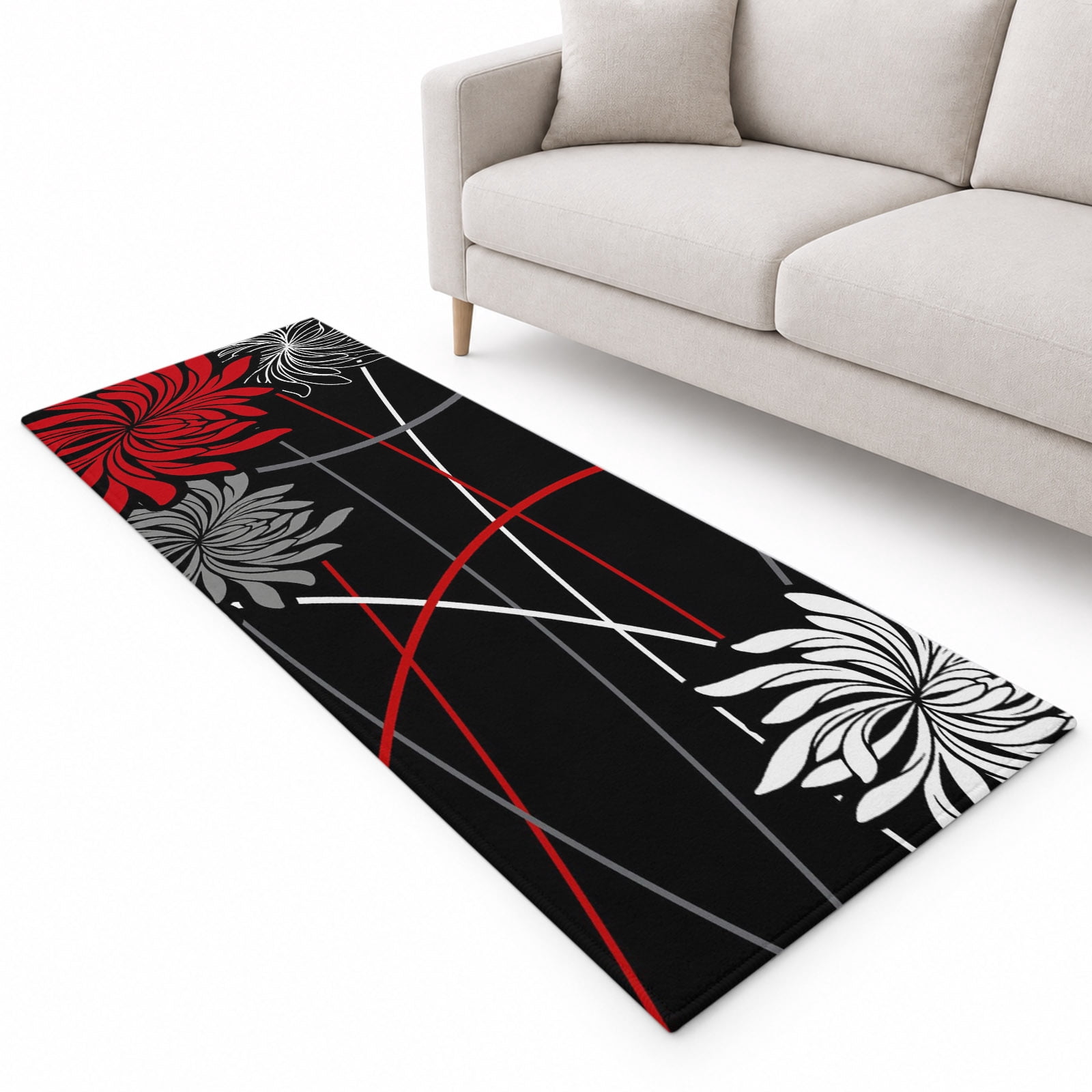 Bohemian Red Floral Runner Rug 2.6'x8', Modern Artistic Grey White ...