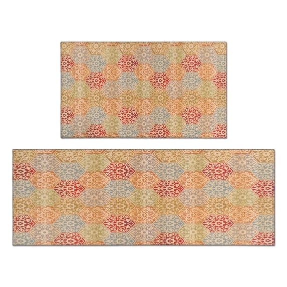 Bohemian Retro Color Diamond Pattern Kitchen Rugs and Mats Sets Of 2, Funny Kitchen Decoration Rubber Backing Non-Slip Absorbent Mats for Sink Waterproof Runner Rug for Laundry Room 17x30+17x48inch