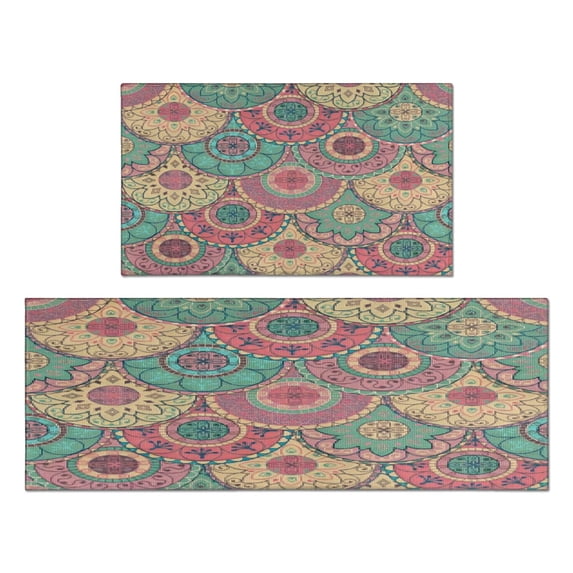 Bohemian Retro Color Diamond Pattern Kitchen Rugs and Mats Sets Of 2, Funny Kitchen Decoration Rubber Backing Non-Slip Absorbent Mats for Sink Waterproof Runner Rug for Laundry Room 17x30+17x48inch