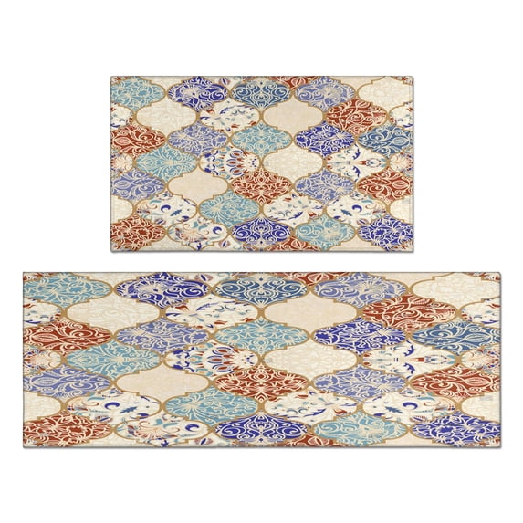 Bohemian Retro Color Diamond Pattern Kitchen Rugs and Mats Sets Of 2, Funny Kitchen Decoration Rubber Backing Non-Slip Absorbent Mats for Sink Waterproof Runner Rug for Laundry Room 17x30+17x48inch