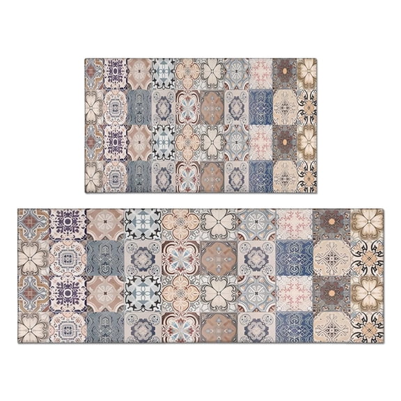 Bohemian Retro Diamond Pattern Kitchen Rugs and Mats Sets Of 2, Funny Kitchen Decoration Rubber Backing Non-Slip Absorbent Mats for Sink Waterproof Runner Rug for Laundry Room 17x30+17x48inch