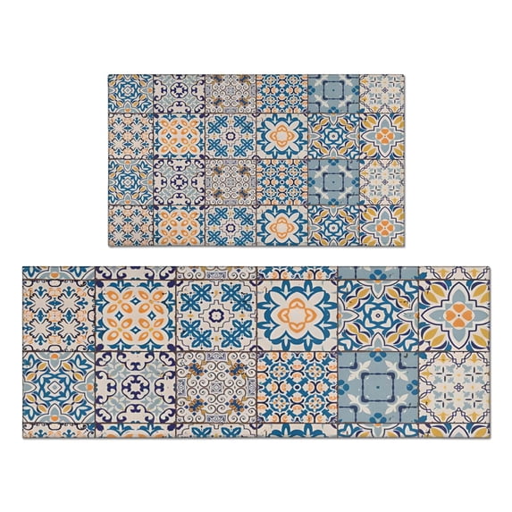 Bohemian Retro Diamond Pattern Kitchen Rugs and Mats Sets Of 2, Funny Kitchen Decoration Rubber Backing Non-Slip Absorbent Mats for Sink Waterproof Runner Rug for Laundry Room 17x30+17x48inch