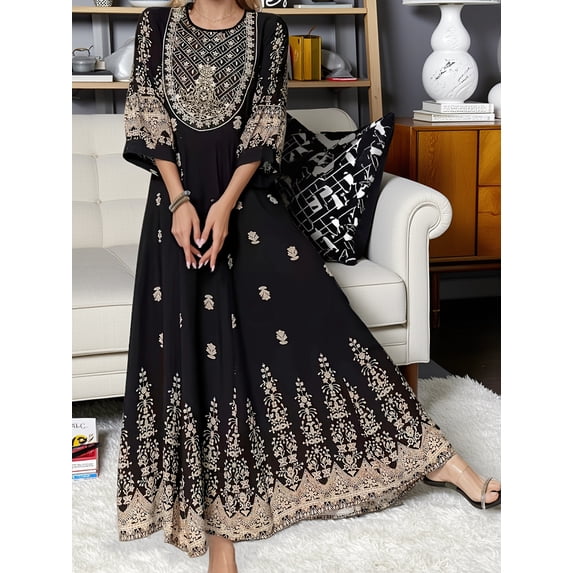 Bohemian Retro Embroidered Maxi Dress, Waist Flowy Dress for Dating, Party & Daily Wear