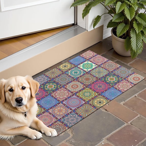 Bohemian Retro Floral Non-Slip Entryway Door Mat,Boho Indoor Decor Durable Low Plush Door Mat,Washable Welcome Rug for Patio Hallway Home Decor 16x24 Inches