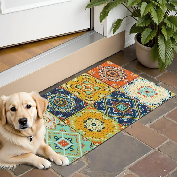 Bohemian Retro Floral Non-Slip Entryway Door Mat,Boho Indoor Decor Durable Low Plush Door Mat,Washable Welcome Rug for Patio Hallway Home Decor 16x24 Inches