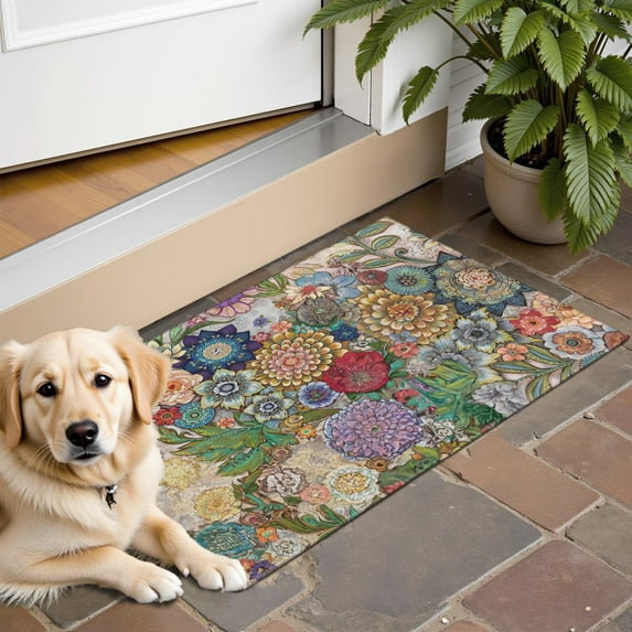 Bohemian Retro Floral Non-Slip Entryway Door Mat,Boho Indoor Decor Durable Low Plush Door Mat,Washable Welcome Rug for Patio Hallway Home Decor 16x24 Inches