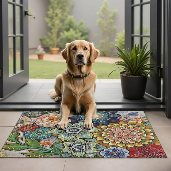 Bohemian Retro Floral Non-Slip Entryway Door Mat,Boho Indoor Decor Durable Low Plush Door Mat,Washable Welcome Rug for Patio Hallway Home Decor 20x32 Inches