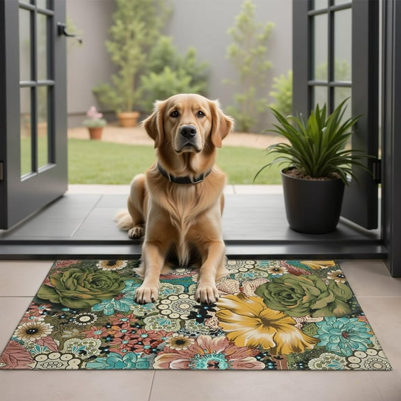 Bohemian Retro Floral Non-Slip Entryway Door Mat,Boho Indoor Decor Durable Low Plush Door Mat,Washable Welcome Rug for Patio Hallway Home Decor 20x32 Inches