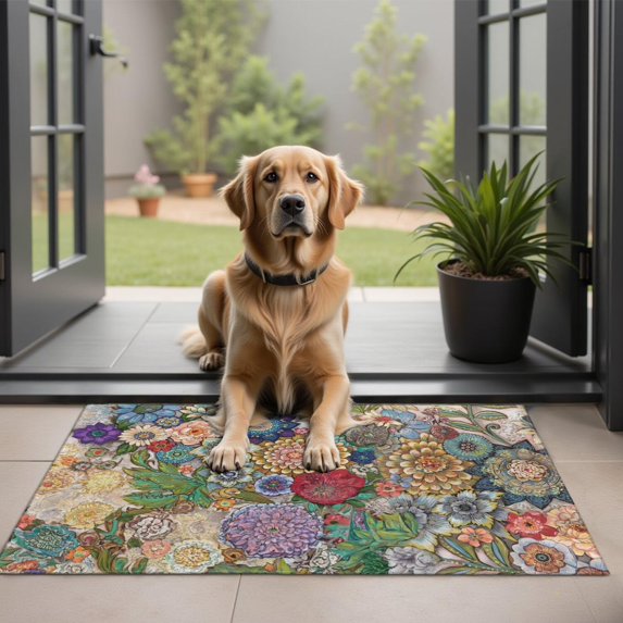 Bohemian Retro Floral Non-Slip Entryway Door Mat,Boho Indoor Decor Durable Low Plush Door Mat,Washable Welcome Rug for Patio Hallway Home Decor 20x32 Inches