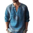 thumbnail image 1 of Bohemian Retro Floral Shirts for Men, Split V Neck Three Quarter Sleeve Printed Tops, Soft Loose Fabric for Travel Camping and Street Style Outfits Blue L, 1 of 5