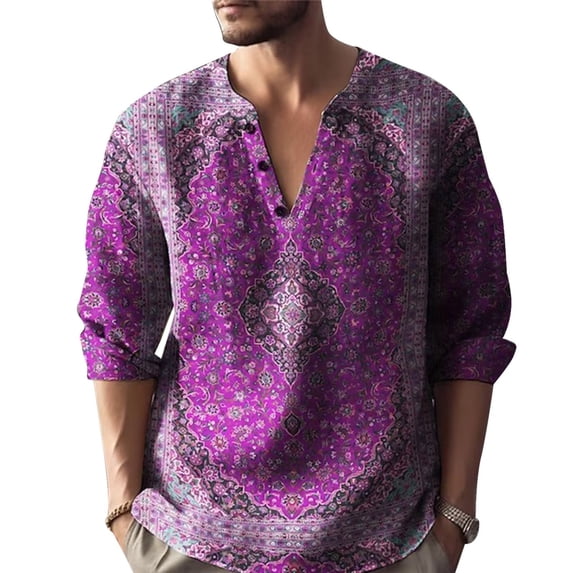 Bohemian Retro Floral Shirts for Men, Split V Neck Three Quarter Sleeve Printed Tops, Soft Loose Fabric for Travel Camping and Street Style Outfits Purple XXXXXXL