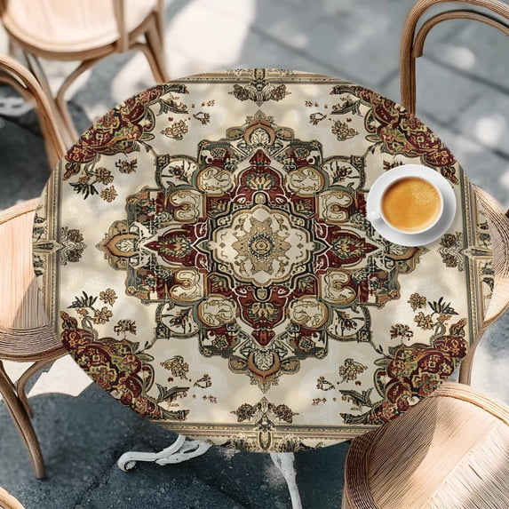 Bohemian Retro Flower Pattern Round Fitted Tablecloth with Elastic Edge ...