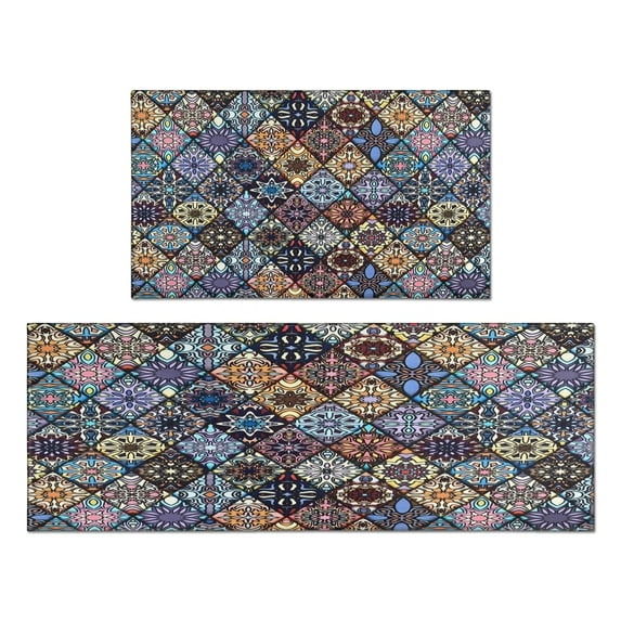 Bohemian Retro Geometric Design Kitchen Rugs and Mats Sets Of 2,Kitchen Decoration Rugs,Rubber Backing Non-Slip Floor Mat for Sink Washable Waterproof Laundry Room Runner Rugs