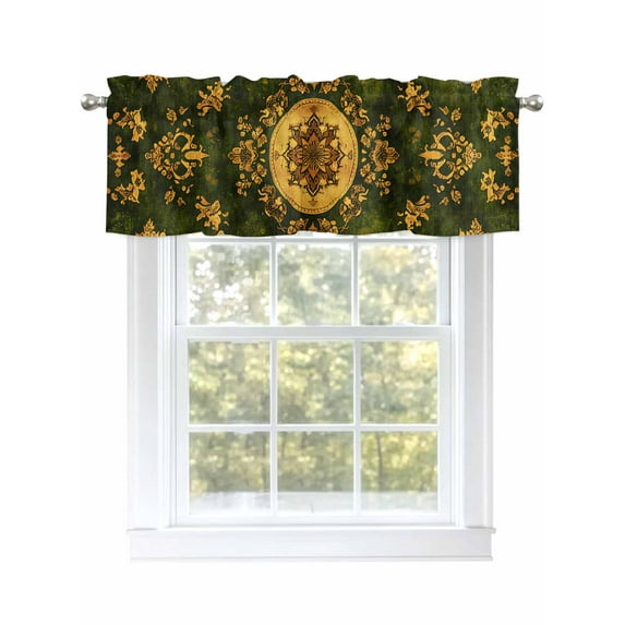 Bohemian Retro Pattern Valances for Windows, Rod Pocket Kitchen Valance Curtains - Soft & Washable Small Window Treatment for Living Room, Bathroom, Green Gold, 54x18inch