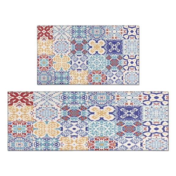 Bohemian Retro Purple Diamond Pattern Kitchen Rugs and Mats Sets Of 2,Kitchen Decoration Rugs,Rubber Backing Non-Slip Floor Mat for Sink Washable Waterproof Laundry Room Runner Rugs