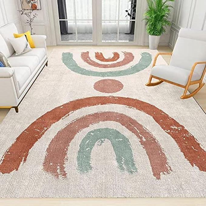 Bohemian Retro Striped Art Area Rug, Red Cyan Geometric Rainbow Lines ...
