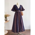 thumbnail image 1 of Bohemian Retro Striped V-Neck Tie Waist Maxi Dress for Women - Elegant Holiday Casual Summer Dress, 1 of 6