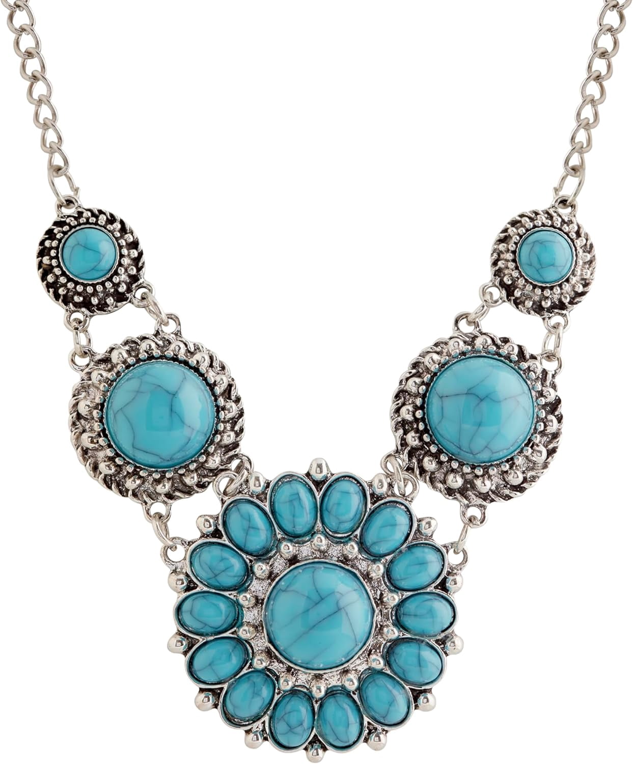 Vintage Turquoise Y-Necklace – Oval Pendant Beaded Chain, Bohemian Long Necklace For Women, Adjustable Length