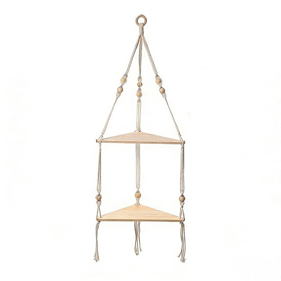 Bohemian Rope Hand Woven Shelf, Triangle Hanging Wall Shelf with Natural Wood, Macrame Plant Shelf for Living Room, Bedroom, Balcony Corner Storage