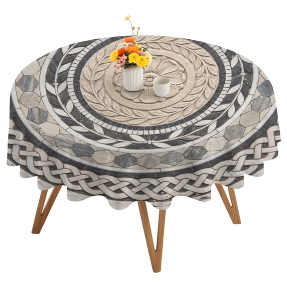 Bohemian Rosette Round Tablecloth 54 inches Vintage Boho Minimalist Geometric Floral Plaid Waterproof Oil-Proof Table Cloth Round Table Cover for Holiday Party Picnic Dinner Decor Indoor Outdoor Use
