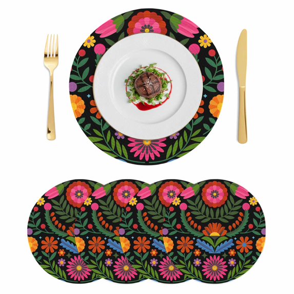 Bohemian Round 15 Inch Placemats Set of 4, Red Green Tribal Mexican Abstract Flower HeatResistant Non Slip Place Mats for Dining Table, Wipeable Braided Kitchen Table Mats for Housewarming