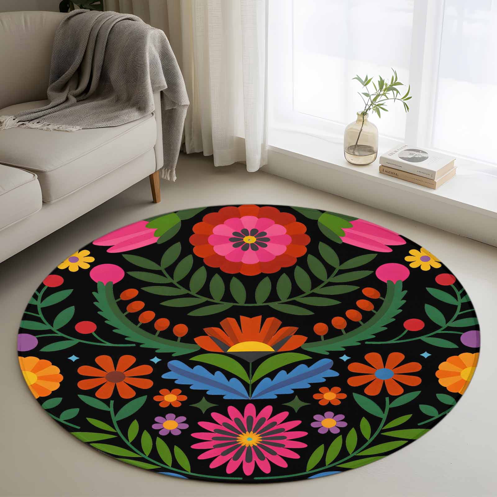 Bohemian Round Area Rug 3 FT, Small Kitchen Bathroom Mats, Red Green ...