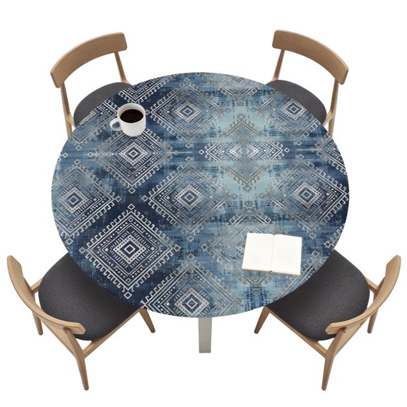 Bohemian Round Fitted Table Cover Blue Mottled Tribal Geometric Pattern Argyle Plaid Waterproof Table Cloth with Elastic Edge Wipeable Tablecloth for Picnic Camping Party Fits 36"-44" Tables