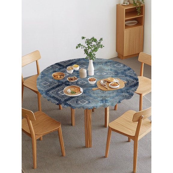 Bohemian Round Fitted Tablecloth with Elastic Edge, Blue Mottled Tribal Geometric Pattern Argyle Plaid Waterproof Stretch Table Covers for 36"-44" Tables Wipeable Table Cloth for Outdoor