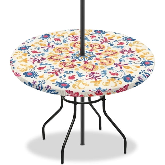 Bohemian Round Outdoor Tablecloth Mandala Vinyl Tablecloth Table Cover Zipper Elastic Table Cloths with Patio Umbrella Hole, Round Fitted Tablecloth for Farmhouse Picnic Party White