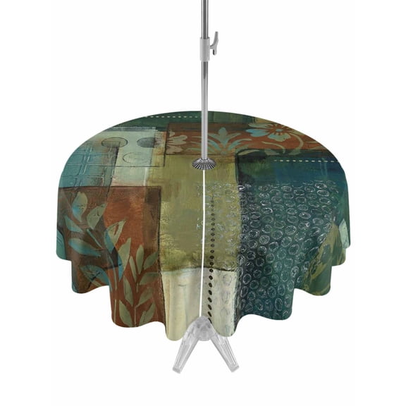 Bohemian Round Outdoor Tablecloth with Umbrella Hole Vintage Floral Texture Geometric Plaid Patchwork Art 54 Inch Round Waterproof Table Cover Zippered Table Cloth for Garden Patio