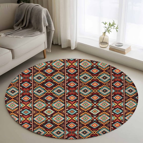 Bohemian Round Rugs for Living Room 3ft Aztec Brown Southwestern Geometric Striped Tribal Non Slip Circle Rug Washable Low-Profile Indoor Carpet for Bedroom, Dining Room, Bathroom