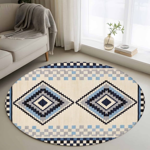 Bohemian Round Rugs for Living Room 3ft Retro Rhombus Tribal Style Blue Boho Geometric Non Slip Circle Rug Washable Low-Profile Indoor Carpet for Bedroom, Dining Room, Bathroom