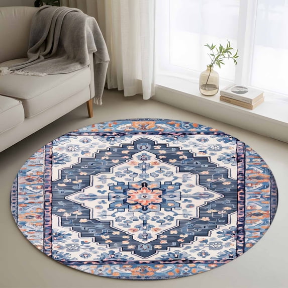 Bohemian Round Rugs for Living Room 3ft Vintage Tribal Boho Floral Monaco Ethnic Style Blue Non Slip Circle Rug Washable Low-Profile Indoor Carpet for Bedroom, Dining Room, Bathroom