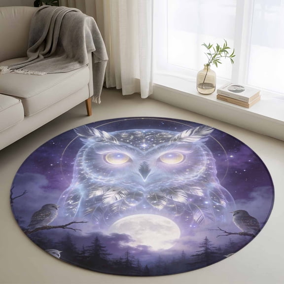 Bohemian Round Rugs for Living Room 3ft Watercolor Owl Fantasy Moon Forest Tree Natural Scenery Non Slip Circle Rug Washable Low-Profile Indoor Carpet for Bedroom, Dining Room, Bathroom