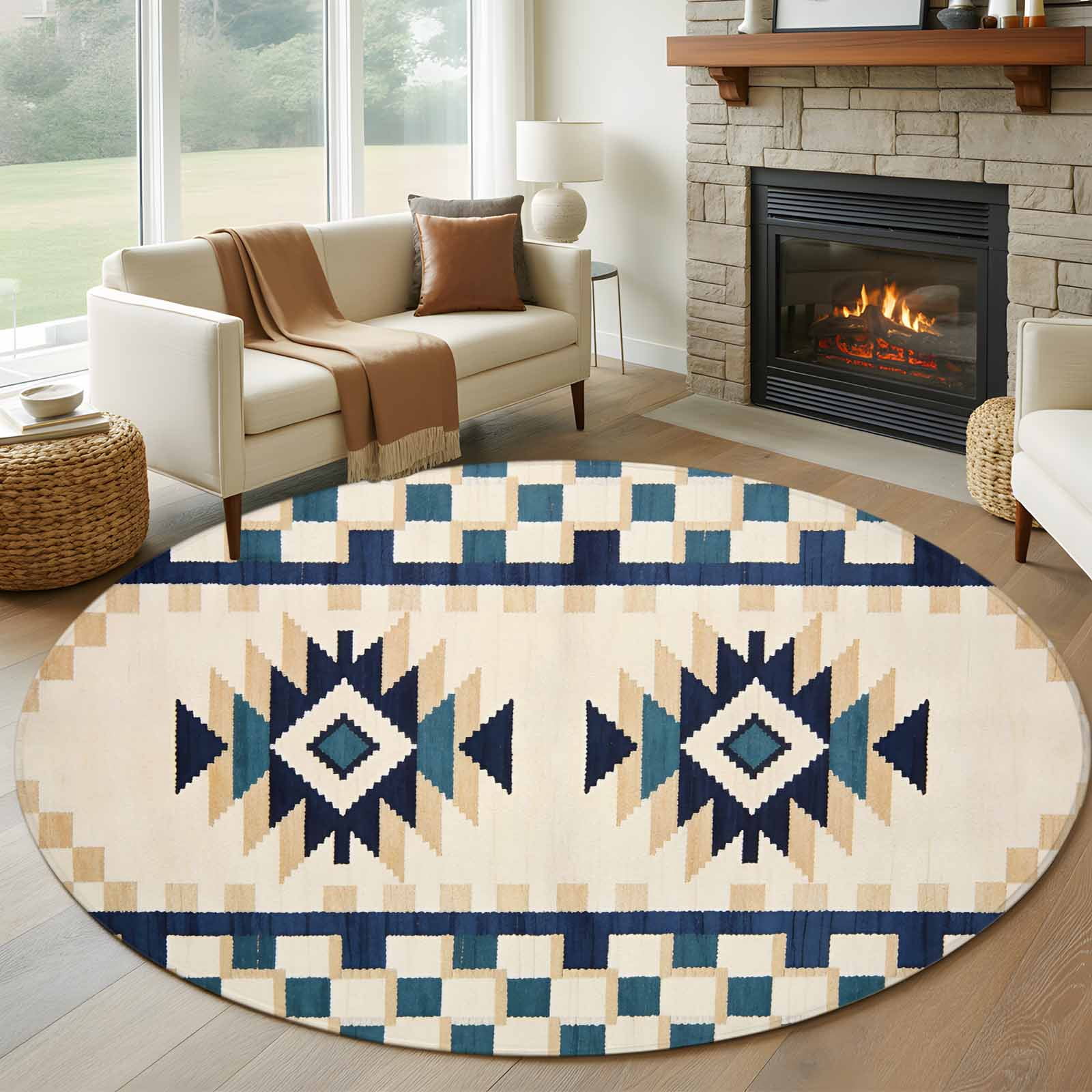 Bohemian Round Rugs for Living Room 6ft Retro Rhombus Tribal Style Boho ...