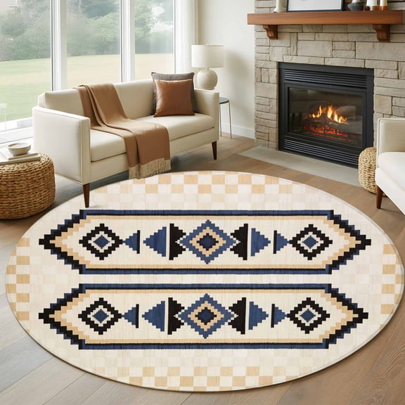 Bohemian Round Rugs for Living Room 7ft Retro Rhombus Tribal Style Long Stripes Beige Non Slip Circle Rug Washable Low-Profile Indoor Carpet for Bedroom, Dining Room, Bathroom