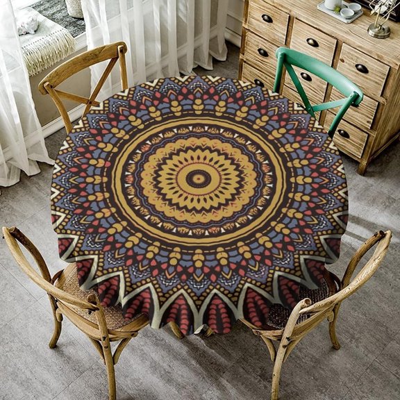 Bohemian Round Tablecloth, Ethnic Style Mandala Floral Print Table Cloth Retro Boho Indian Table Cover for Kitchen Dining Room Coffee Party Decor Indoor Outdoor Patio, Round(60x60in)