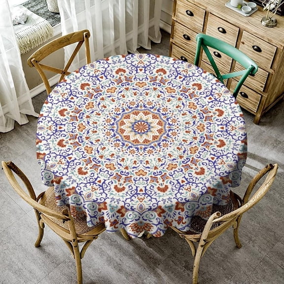 Bohemian Round Tablecloth Hand Painted Vintage Bohemian Geometric Mandala Rustic Tribal Pattern for Home Kitchen Dining Room Tablecloths Outdoor Picnic Cloths Round 60in