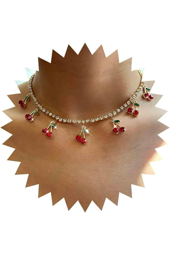 Bohemian Ruby Cherry Choker Necklace Gold Cz Tennis Chain Necklace Red Crystal Cherry Pendant Necklace Tiny Rhinestone Cherry Dangle Necklace Jewelry for Women Gifts