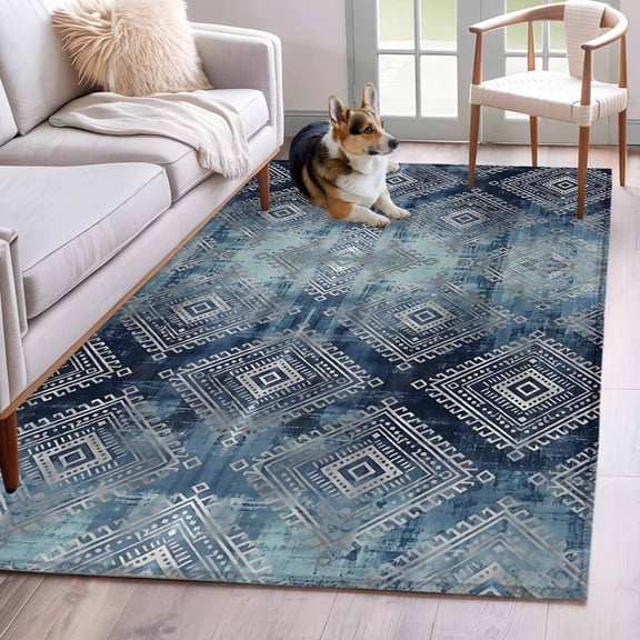 Bohemian Runner Rug Non Slip 2.7x5 Blue Mottled Tribal Geometric Pattern Argyle Plaid Washable Rug Runner for Hallways Low Pile Kitchen Rugs Stain Resist Carpet for Bathroom Bedroom Entryway