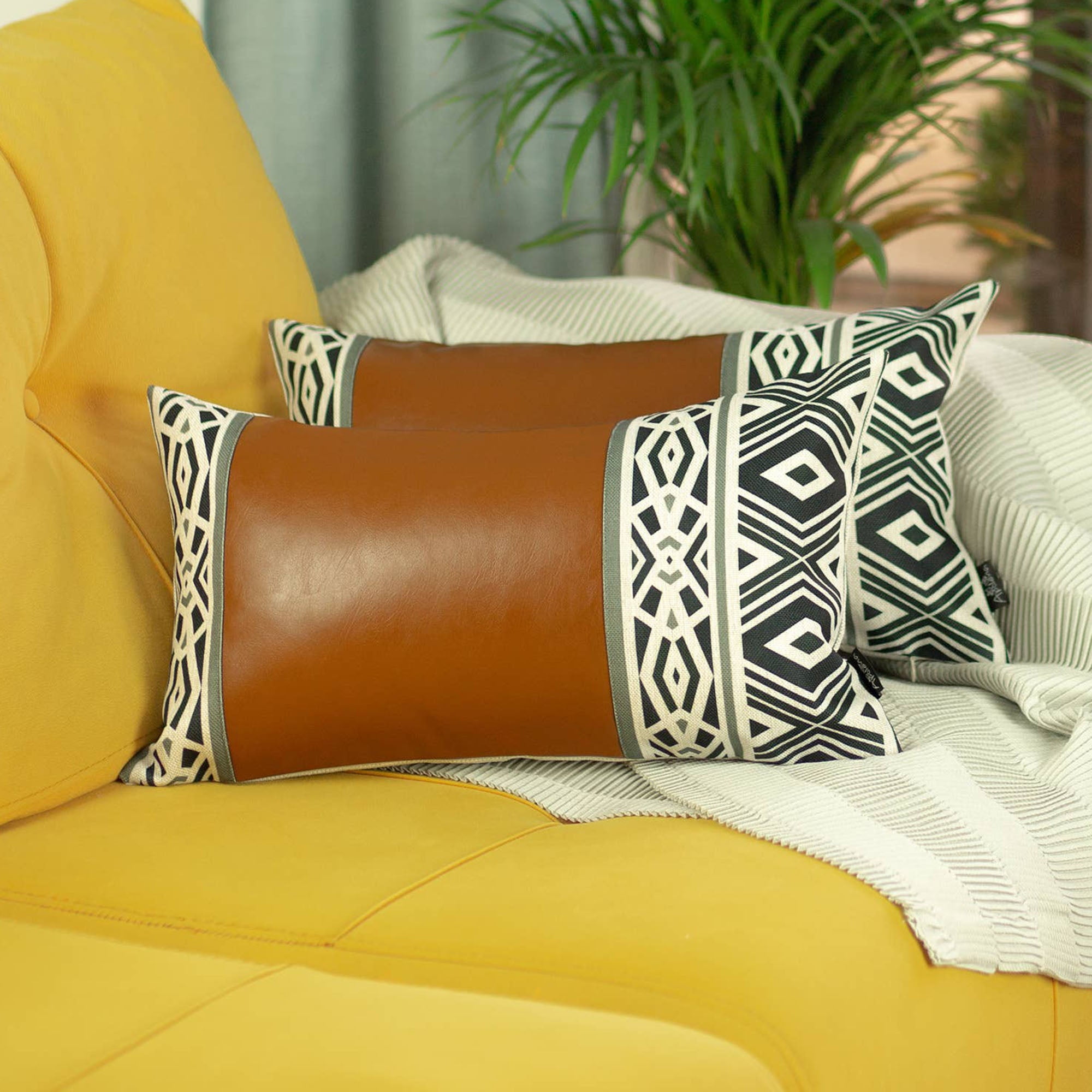 Bohemian Brown and Ivory Vegan Faux Leather Lumbar Throw Pillows Set of 2