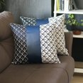thumbnail image 1 of Bohemian Set of 2 Handmade Decorative Throw Pillow Vegan Faux Leather Geometric 20" x 20" Navy Blue & Ivory Square for Couch, Bedding, 1 of 2