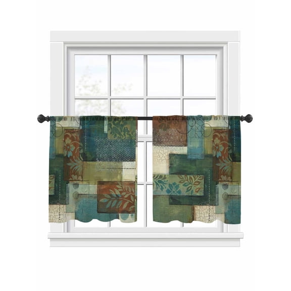 Bohemian Sheer Curtains 2 Panels Set Vintage Floral Texture Geometric Plaid Patchwork Art Sheer Window Curtains Light Filtering Rod Pocket Voile Drapes for Bedroom Living Room 52"x45"